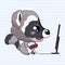 Cute raccoon kawaii cartoon character. Adorable and funny animal playing computer games with joystick isolated sticker, patch,