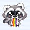 Cute raccoon kawaii cartoon vector character. Adorable and funny animal vomiting rainbow isolated girlish sticker, patch. Sweet