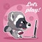 Cute raccoon kawaii character social media post mockup. Lets play lettering. Positive poster, card template with animal playing