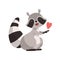 Cute Raccoon with Red Heart, Funny Humanized Grey Coon Animal Character Vector Illustration