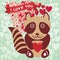 Cute raccoon with red heart. Valentines day card, greeting card