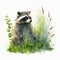 Cute raccoon is sitting in field among wildflowers and grass. Watercolor illustration