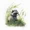 Cute raccoon is sitting in field among wildflowers and grass. Watercolor illustration