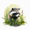 Cute raccoon is sitting in field among wildflowers and grass. Watercolor illustration