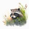 Cute raccoon is sitting in field among wildflowers and grass. Watercolor illustration