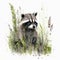 Cute raccoon is sitting in field among wildflowers and grass. Watercolor illustration