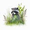 Cute raccoon is sitting in field among wildflowers and grass. Watercolor illustration