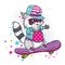 Cute raccoon on a skateboard. Vector illustration. Raccoon playing sports. Extreme sports. Figure for a card or poster. Print on