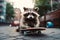 Cute raccoon skateboarder skateboarding down the city street. Generative AI illustration
