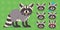 Cute raccoon standing. Vector illustration of happy coon and its head sows different emotions on green background. Emoji