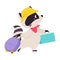 Cute Raccoon Traveler in Hat with Trunk and Suitcase Having Journey on Vacation Vector Illustration