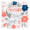 Cute raccoons leaves flowers bubbles and lettering style phrase: best friends