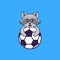 Cute racoon playing soccer. Animal cartoon concept isolated. Can used for t-shirt, greeting card, invitation card or mascot. Flat