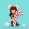 Cute rag doll in a knitted Christmas sweater holding a striped candy cane on a sky blue background