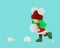 Cute rag poppet with green hair in a knitted Christmas sweater playing with snowballs