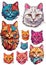 Cute rainbow cats set of stickers with a spring mood in a cartoon style
