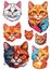 Cute rainbow cats set of stickers with a spring mood in a cartoon style