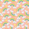 Cute rainbow clouds seamless pattern. Pink starry sky, funny rainbows and happy cloud cartoon vector illustration