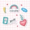 Cute rainbow music hearts stuff for cards stickers or patches decoration cartoon checkered background