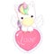 Cute rainbow unicorn with big heart. Valentine`s day card.