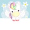 Cute rainbow unicorn with wings on a blue background with flowers and a banner.