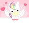 Cute rainbow unicorn with wings on pink background with hearts and banner.