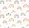 Cute rainbows in boho style, pastel colors. Vector seamless pattern on transparent background. Flat print with dinosaur