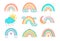 Cute rainbows. Kids doodle collection of sun, rainbow and clouds art, colorful sky decoration in pastel colors. Kids