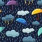 Cute Rainy Clouds and Umbrellas on Dark Blue Sky Seamless Pattern, Winter Design Element Can Be Used for Fabric