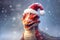 Cute realistic dragon with Santa Claus hat. Christmas dragon on snow. Chinese lunar new year symbol. Funny fantasy