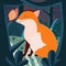 Cute red baby fox playing with a butterfly in a forest at night. Colorful handdrawn illustration of beautiful animals.