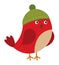 Cute Red Bird Wearing Knitted Hat. Vector Cute Christmas Bird