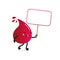 Cute red blood drop character holding in hands blank sign, banner for blood donation, medical and healthcare design