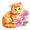 Cute red cat with pink apple flowers, sakura. Watercolor painting illustration, Spring Animal for design, poster, cards
