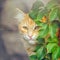 Cute Red Cat relaxing in sun rays, near the bush