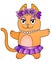 Cute, red, dancing cat in a wreath of purple flowers and a ballet tutu. Kitty ballerina vector full color picture. Red-haired cat