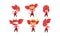 Cute Red Devil with Various Emotions and Actions Collection, Funny Demon Cartoon Character with Horns and Tail Vector