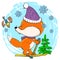 Cute red fox in a hat in winter skiing