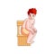 Cute red hair boy sit in hot wood sauna