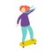 Cute red hair girl in violet sweater at green skateboard