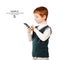 Cute red haired child stands looking at the smartphone. Isolated