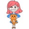 Cute red haired girl playing with her favorite teddy bear, doodle icon image kawaii