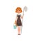 Cute red-haired woman standing and holding mop and bucket. Cleaning service. House maid dressed in dress, apron and