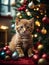 Cute red kitten under the Christmas tree. Merry Christmas and Happy New Year decoration around. Generative AI