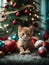 Cute red kitten under the Christmas tree. Merry Christmas and Happy New Year decoration around. Generative AI