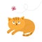 Cute red lying orange cat and looking at flying pink butterfly. Dash line track. Mustache whisker. Funny cartoon character. Flat