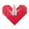 Cute red oeigami Japanese heart with paper crane