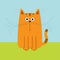 Cute red orange cartoon cat. Big mustache whisker. Funny character. Sky and grass. Flat design.
