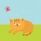 Cute red orange cat lying on grass and looking at flying pink butterfly. Dash line track in the sky. Mustache whisker. Funny