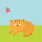 Cute red orange cat lying on grass and looking at flying pink butterfly. Mustache whisker. Funny cartoon character. Flat